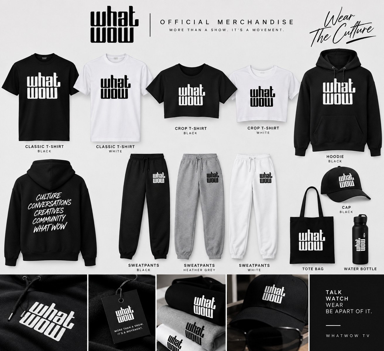 WhatWow TV merchandise collection including shirts, hoodies, hats, bags and drinkware